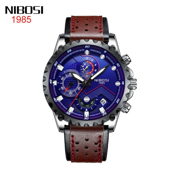 

5 style nibosi new cross border three eyes six needle casual men's watch waterproof luminous brown leather belt quartz student watch 43, Slivery;brown