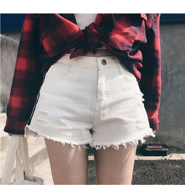 

women's shorts women denim fashion trendy streetwear side striped jeans straight 2021 summer high waist hole, White;black