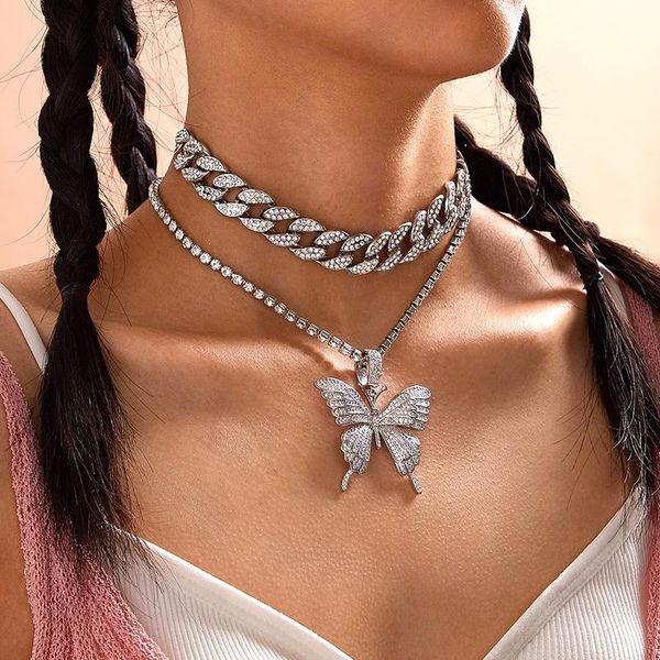 

chokers fltmrh big butterfly pendant necklace rhinestone chain for women tennis crystal choker jewelry, Golden;silver