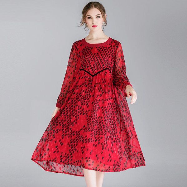 

casual dresses large size women's spring printing chiffon dress plus long sleeve loose fashion elegant crew neck xl-4xl, Black;gray
