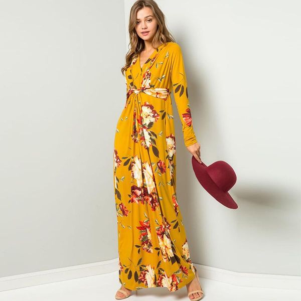 

casual dresses 2021 spring dress women high waist long sleeve bohemian floral print for v neck ladies vestidos, Black;gray