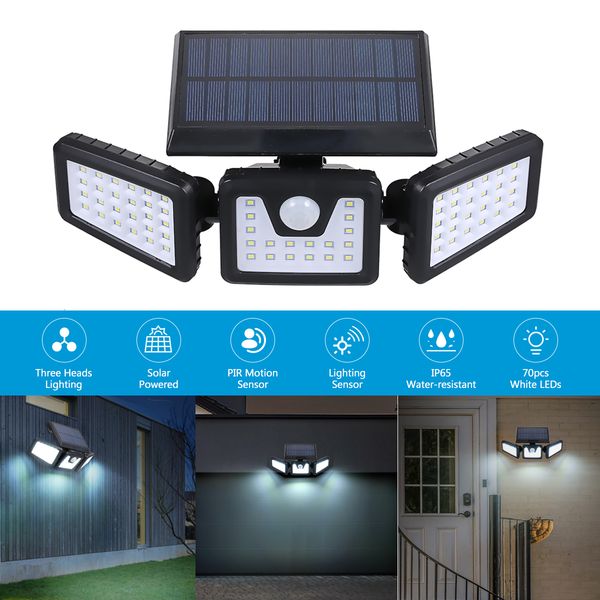 

2021 new no solar wire powered pyr motion sensor wall light 3 head 70 leds night lamp ip65 to proof dwaterproof air water safe lighting yfg6