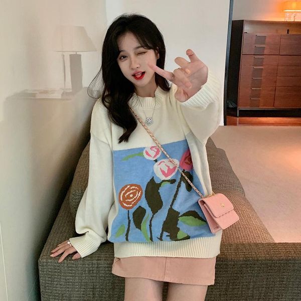 

women's sweaters real s korean retro personality flowers print gentle, White;black