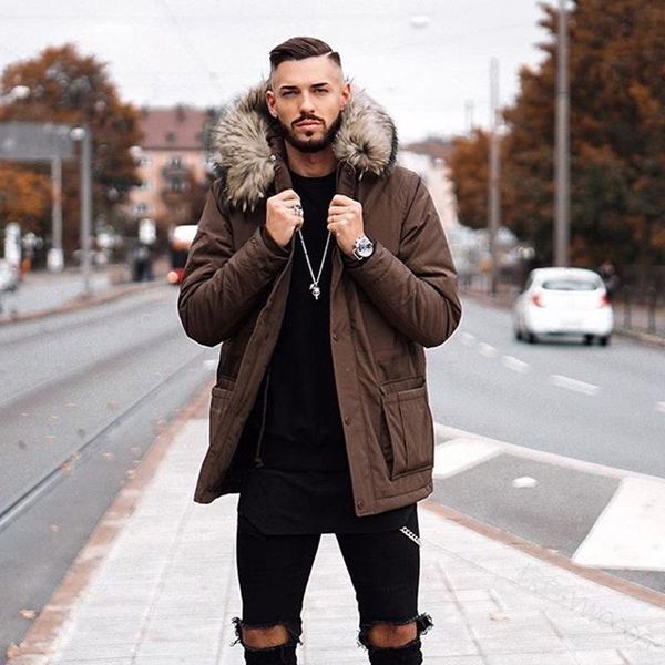 

men's jackets winter coat for men casual faux fur collar long thick parkas jacket outwear hooded pockets waterproof parka, Black;brown