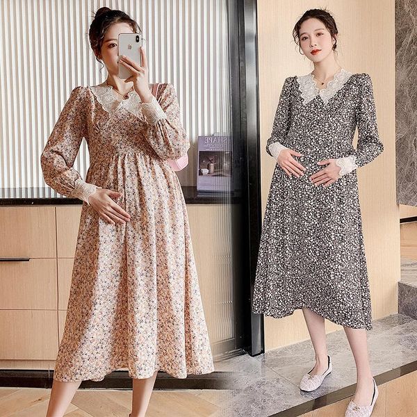 

maternity dresses 5918# vintage floral printed cotton long party dress sleeve elegant a line clothes for pregnant women pregnancy, White