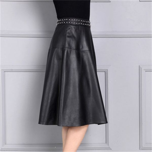 

female sheep skin genuine leather rivet skirt k114 8myg, Black