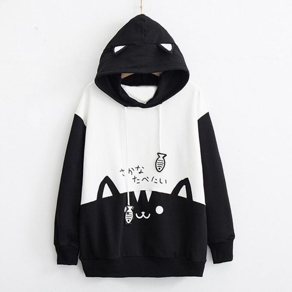 

women's hoodies & sweatshirts 2021 women casual long sleeve kitty cat print pocket thin hoodie blouse shirt cute comfy, Black