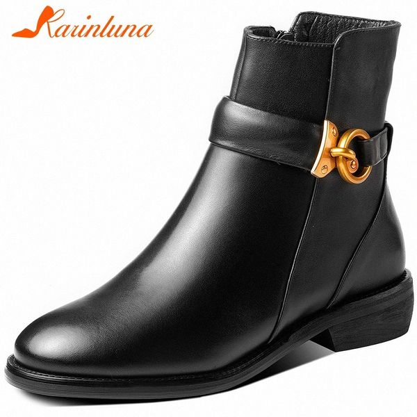 

karin new large size 33 43 ladies british med heel boots women ankle boots genuine leather shoes woman m54y#, Black