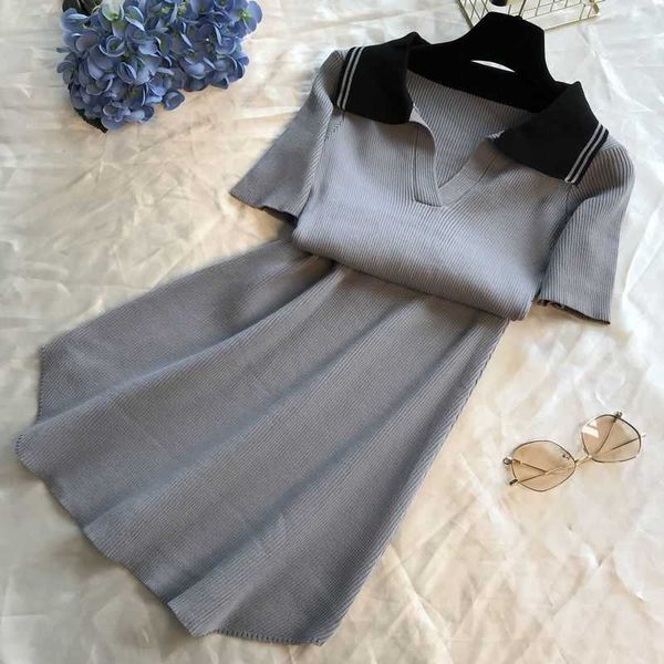 

black striped sleeve knit dress ladies lapel neck short sporting shirt dresses casual 210601, Black;gray