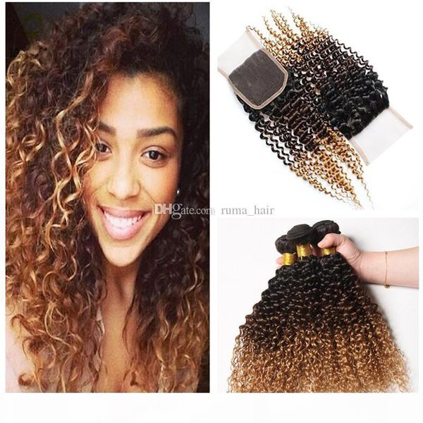 

1b 4 27 three tone human hair weave with lace closure kinky curly hair bundles with 4*4 lace closure honey blonde afro hair, Black;brown