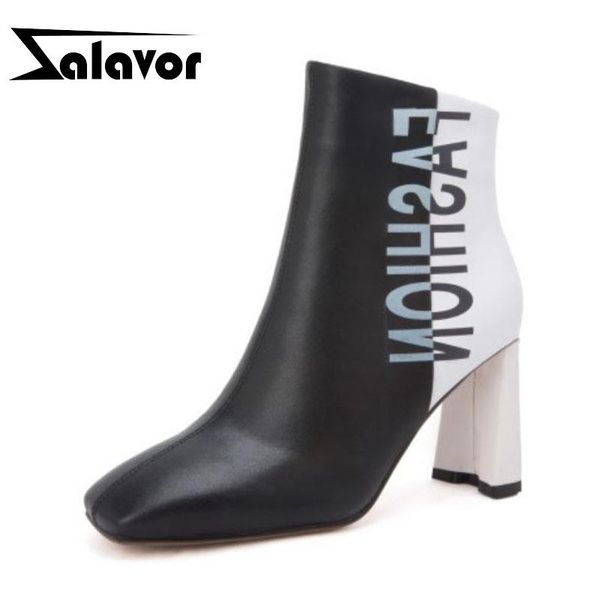 

boots zalavor real leather ankle for women fashion print autumn winter high heels shoes square toe footwear size 34-40, Black