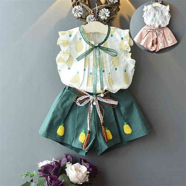 

arrivals summer children sets sleeveless print pineapple t-shirt green shorts 2pcs girls clothes 2-7t 210629, White