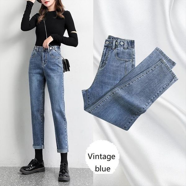

high waist baggy mom women jean capri slim elastic harem pants button fly pockets washed ankle length, Blue