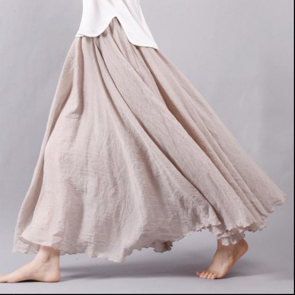 

new fashion women boho vintage pleated maxi 2021 summer elastic high waist casual cotton linen beach skirts faldas saias, Black