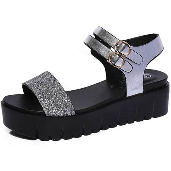 

sandals nice summer women shoes sequins belt buckle flat female thick bottom exposed toe, Black