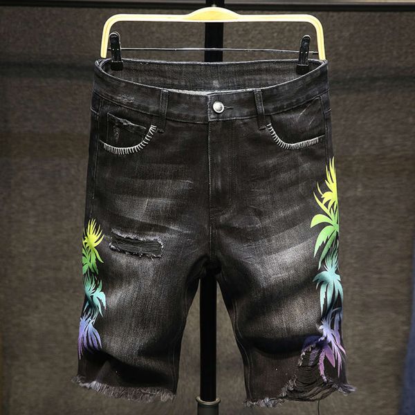 

summer black embroidered holed jeans shorts men's fashion brand casual handsome middle pants youth versatile breeches, Blue
