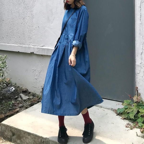 

casual dresses long-sleeve dress women fashion autumn street high waist temperament long denim skirt designed loose, Black;gray