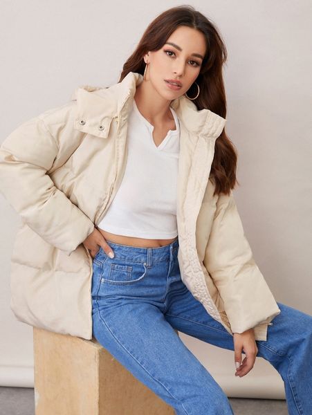 

zip up hooded puffer coat 65kj#, Black