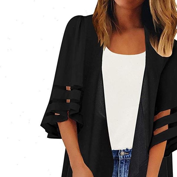 

women mesh kimono cardigan panel 3 4 bell sleeve chiffon blouse shirt casual loose kimono cardigan white black blusas 5$