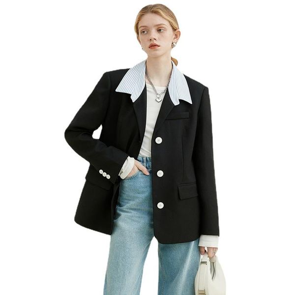 

women's suits & blazers black striped big size casual for women elegant lapel long sleeve loose fit and jackets blazer, White;black