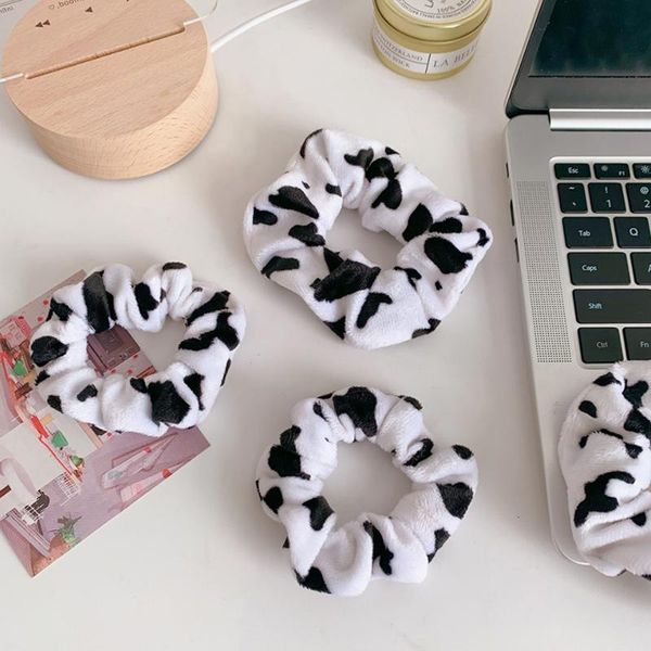 

hair accessories korean style cow pattern plush rope ring for girls tie ponytail elegant large intestine circle headdress, Slivery;white