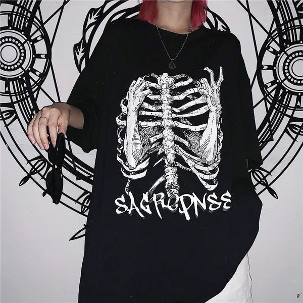 T-shirt oversize femminile Goth Top Y2k Harajuku Tops Retro Stampa Skull Bone T-shirt larghe con manica corta Anime Graphic Shirt