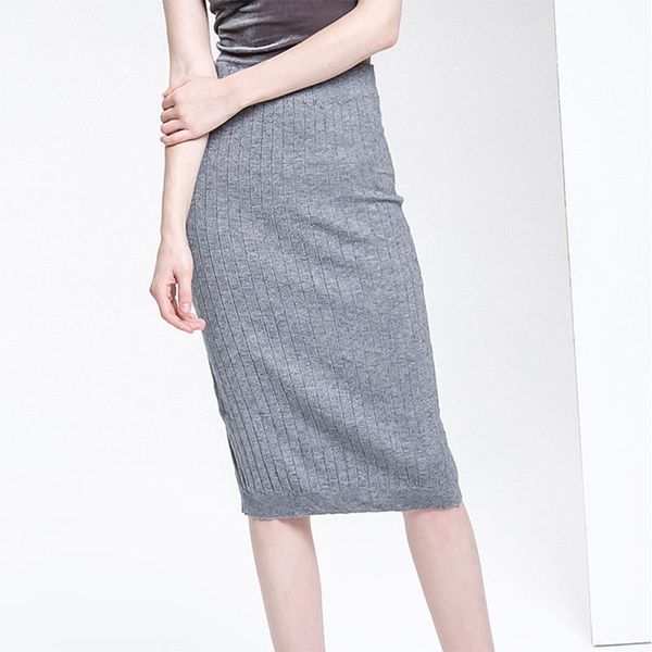 

skirts women winter long knitting skirt elastic waist pencil woman office jupe vintage femme autumn, Black