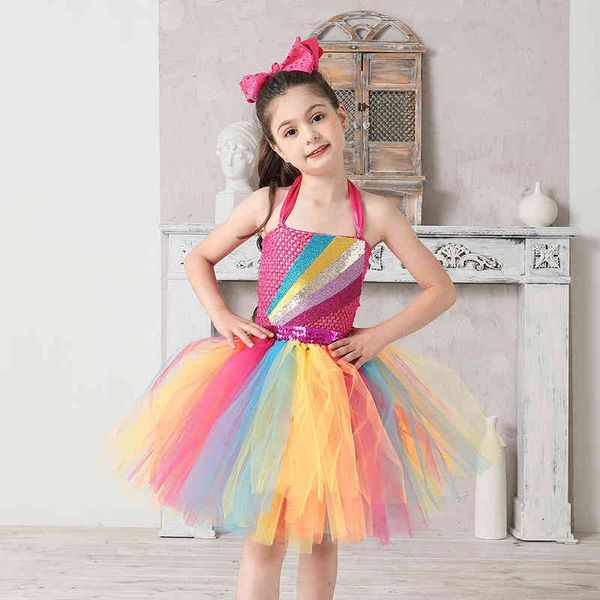 Jojo Siwa Tutu Dress with Hair Bow Rainbow Girls Princess Dress Bambini Tutu Abiti Ragazze Festa di compleanno Costume Regali G1215