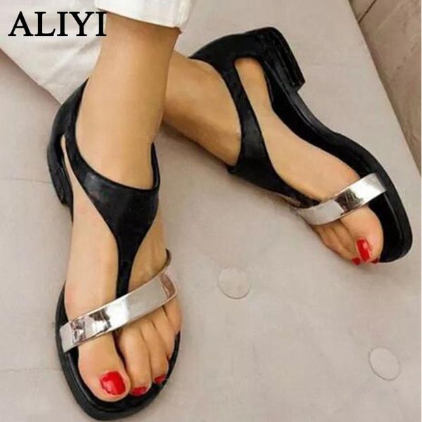 

sandals aliyi women 2021 summer clip toe low heel ladies flat shoes artificial leather buckle strap female casual sandalias, Black