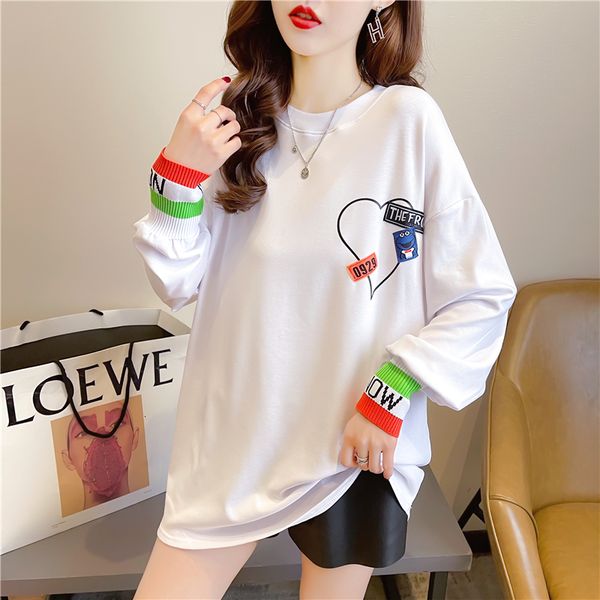 

2021 spring and autumn new round neck stitching long-sleeved women fashion printing color-blocking t-shirt nlv3, White