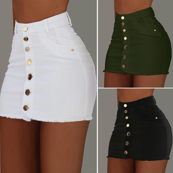 

solid color single breasted women skirts detachable pocket fashion trend burr high waist half length european and american denim skirt, Black