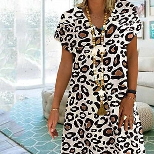 

h30 cleopard loose plus size dress women casual boho leopard print v neck short sleeve vacation dress large size mini dresses, Black