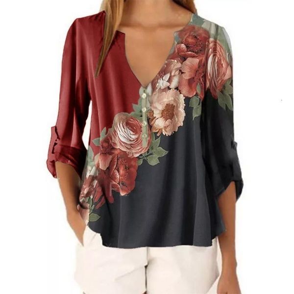 

summer elegant floral print woman tshirts women deep v-neck long sleeve buttons plus size 5xl tee vintage womens clothing, White
