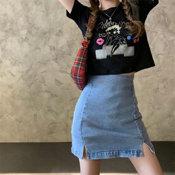 

skirts streetwear high waist split demin skirt korea style summer blue mini jean fashion, Black