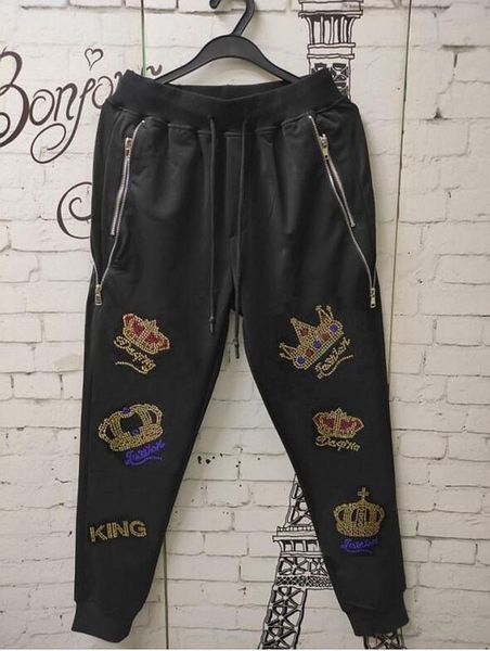 

men's pants anime drill streetwear hip hop designer pant spandex meaterial rhinestones, Black