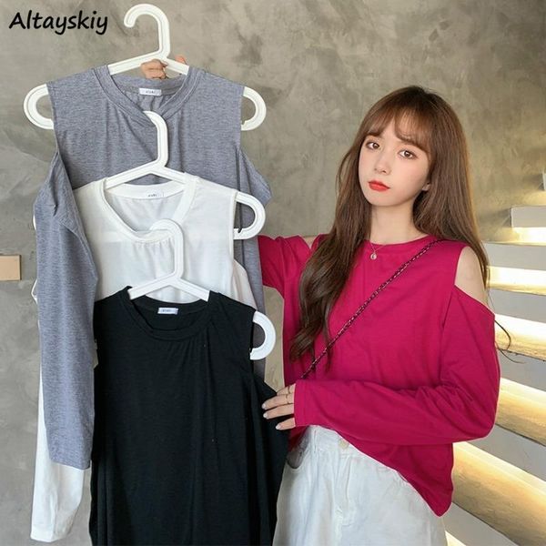 

women's t-shirt long sleeve t-shirts women hole off shoulder design vintage solid simple all-match ladies loose chic streetwear co, White