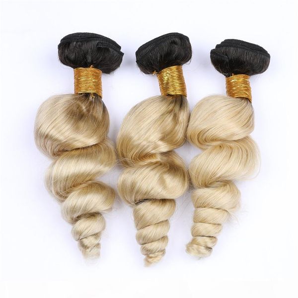 

dark roots #1b 613 blonde ombre loose wave indian virgin hair weave bundles 3pcs ombre blonde wavy human hair wefts 10-30" mixed length, Black