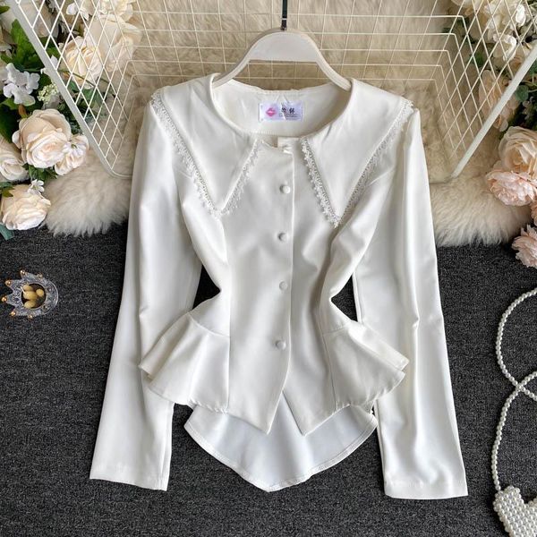 

korean 2021 new women's lapel irregular long sleeve autumn fashion casual shirts lady solid color camisas mujer blouse h842, White