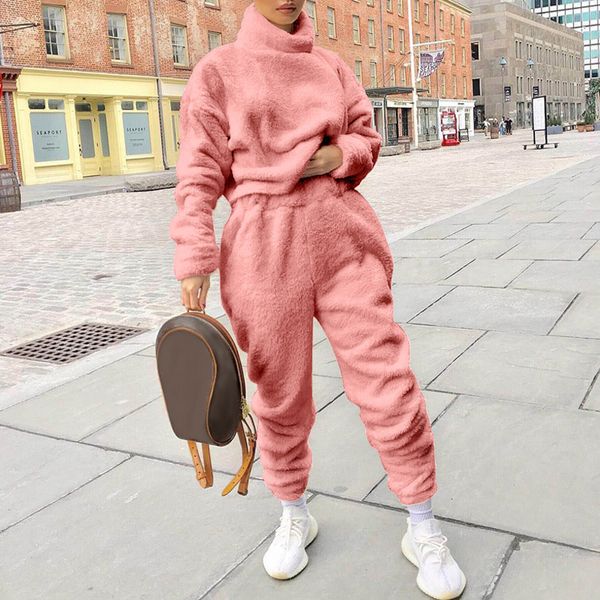 

2021 New Female Outfit Suit Loose Casual Sets Autumn Plush Turtleneck Solid Sweatshirt High Waist Warm Two Piece Set Women WRX9, White