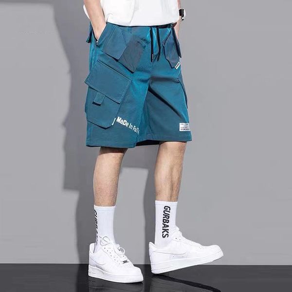 

summer new trendy brand new laser reflective overalls shorts men's loose hip-hop multi-bag casual five-point pants workout, Black