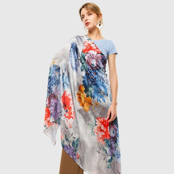 

scarves luxury large silk scarf women peony floral soft shawl digital print pattern foulard [3380], Blue;gray