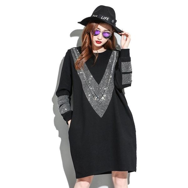 

casual dresses deat 2021 autumn and winter round neck full sleeves sequined black knitting pullover loose dress female vestido jc33201, Black;gray