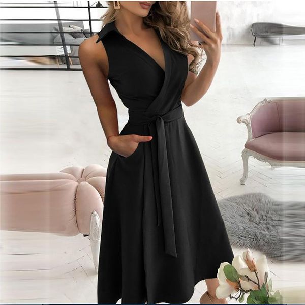 

casual dresses women's dress loose bandage sleeveless solid v-neck ankle-length maxi for women 2021 vestido de mujer, Black;gray