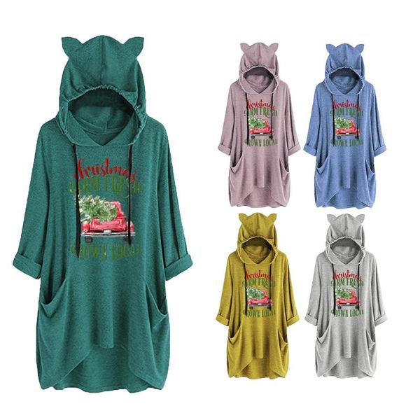 

women's hoodies & sweatshirts women pocket female hooded oversize christmas ear hat mid-length blouse mid-sleeve cute printed loose 8, Black