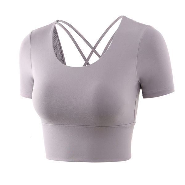 

peach new style with bra back yoga suit tight short sleeve fitness t-shirt women's quick dry training sports summer, Gray