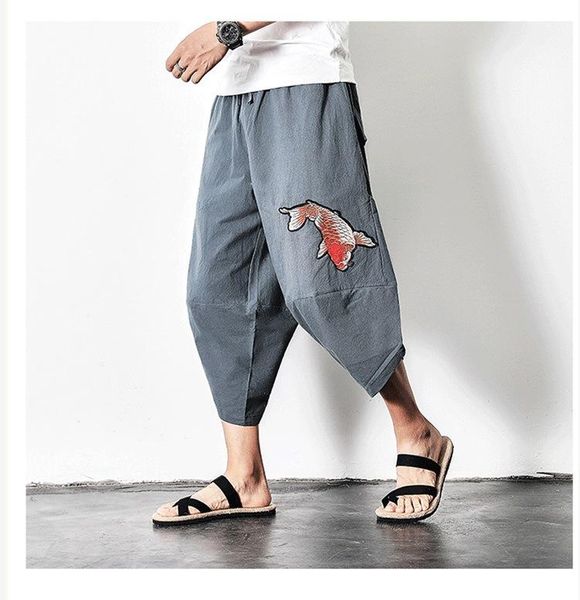 

2021 chinese style radish pants capris men's wide leg pants carp embroidery casual loose large beach, Black
