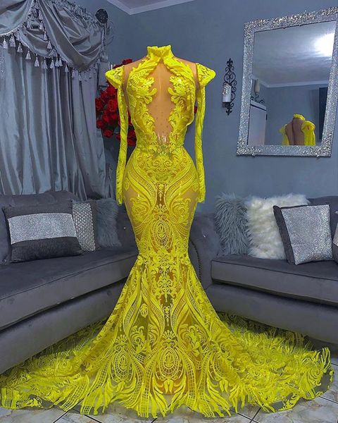 Ver através de sereia vestidos de noite de alto pescoço frisado manga comprida amarelo lantejoulas africano negros meninas longas vestido de baile vestes paillettes