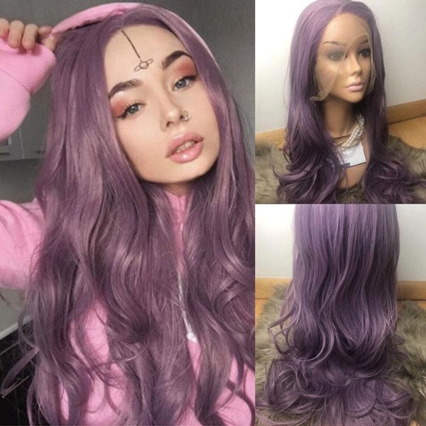 

synthetic wigs purple long wavy resistant heat fiber lace front wig middle part with natural hairline for girls daily cosplay, Black