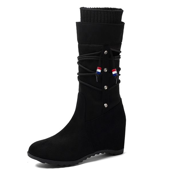 

wool knitted herd lace mid-calf boots, matted fabric internal enlargement, women's warm boots with short winter fur 9d2f, Black