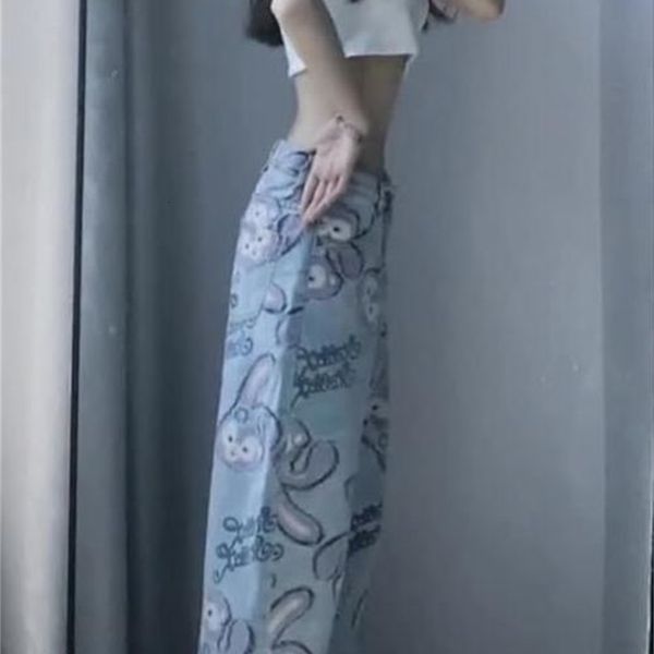 

high woman jeans waist loose straight pants 2021 cartoon printed zipper casual female long trousers large size o05p, Blue